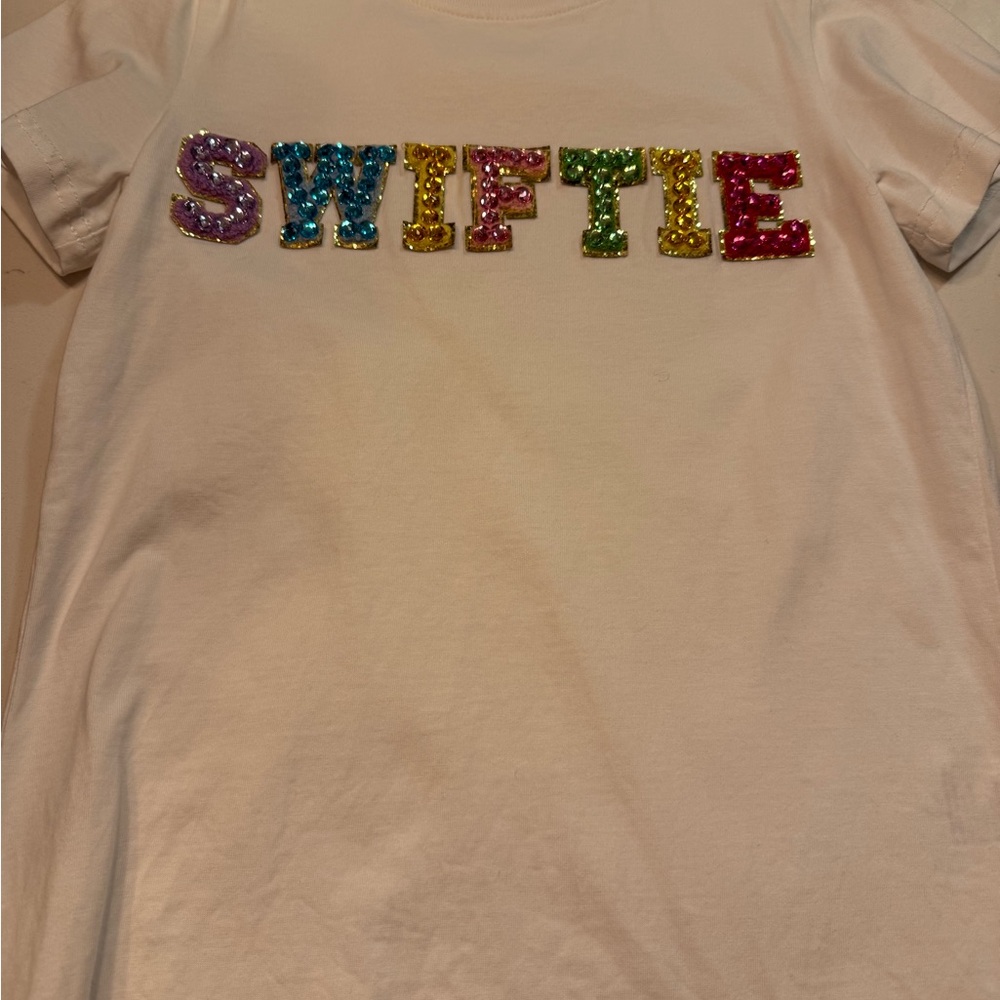 Lola + The Boys White Tee with Colorful Sequin Letters SWIFTIE